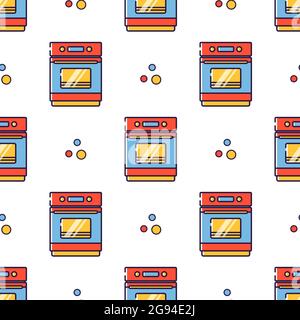 Vector seamless pattern in linear style. Kitchen electric appliances for cooking. Electric stove with oven. Stock Vector