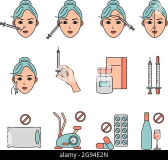 Beauty injection vector line icon. Woman, face, medical syringe. Beauty care concept. Can be used for topics like rejuvenation, aesthetics, cosmetolog Stock Vector