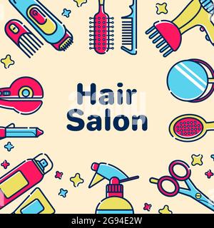 Icons for barber shop. Tools for the master in the beauty salon. Comb for hair, hair dryer, scissors, shampoo. Template greeting card or greeting card Stock Vector