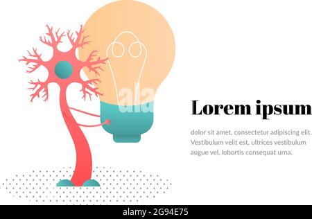 The neuron transmits information to the brain and holds a light bulb. Vector illustration on white background Stock Vector