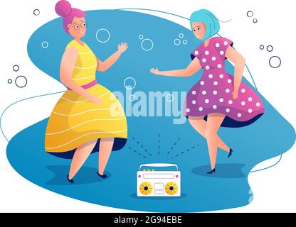 Grand and daughter dancing to music from a tape recorder.Women in beautiful dresses and hairstyle. Soap bubbles around. Vector flat illustration in ca Stock Vector
