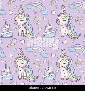 Vector pattern with cute unicorns, clouds,rainbow and stars. Magic background with little unicorns Stock Vector
