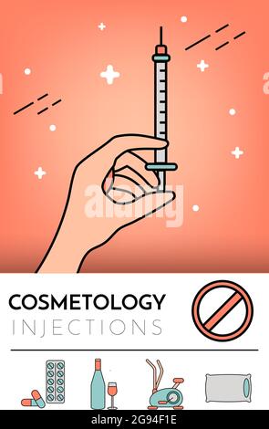 Cosmetic injections. Infographics. Vector flat illustration with place for text. Mesotherapy and rejuvenation. Stock Vector