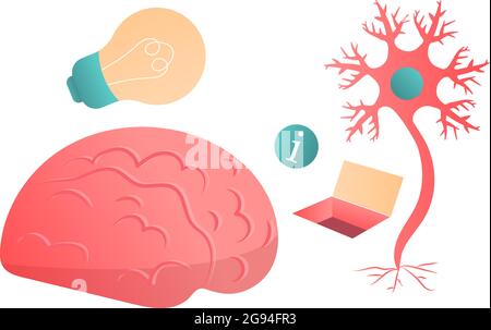 Neuron, brain, information transfer. Light bulb and idea. Vector flat set of isolated objects on a white background Stock Vector