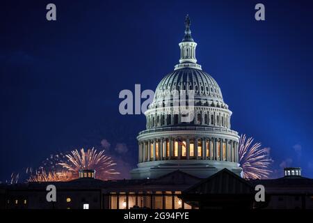 Fireworks over the United States Capitol on July 4, 2021. Stock Photo