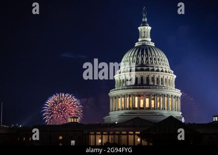 Fireworks over the United States Capitol on July 4, 2021. Stock Photo