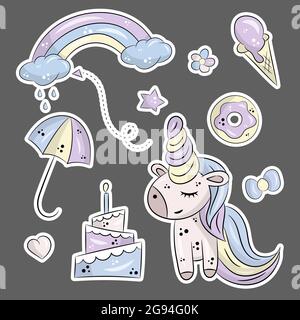 Vector set of isolated objects on dark background. Cute unicorn, cake and donut. Rainbow with clouds, rain and umbrella. Heart with a star and color. Stock Vector