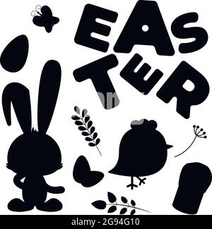 Vector set of elements and stickers on Easter theme. Animals and flora, letters Silhouettes of animals, flowers and letters Stock Vector