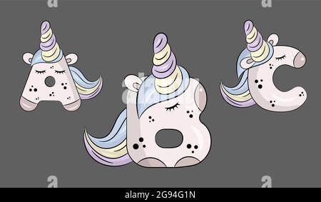 Hand drawn letters in the form of cute unicorns. ABC Alphabet. Vector isolated objects on dark background. Stock Vector