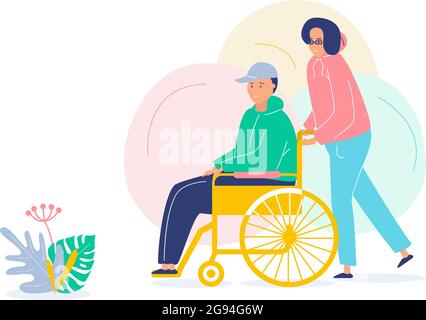 A volunteer helps a man in a wheelchair. Helping hand and heart. Vector flat illustration on white background with botanical elements. Stock Vector