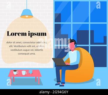 Man in headphones with laptop in a chair bag. Office in loft style, panoramic window. Coworking, workflow. Vector flat illustration in the style of a Stock Vector