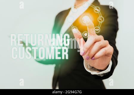 Text sign showing Returning Customer. Internet Concept customer returns again and again to purchase a good Woman In Uniform Carrying Phone And Tapping Stock Photo