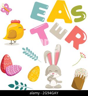 Vector set of elements on Easter theme. Animals and flora, letters on a white background. Stock Vector