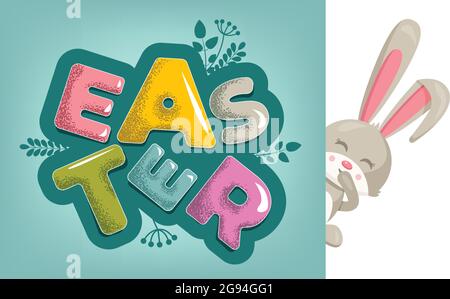 Vector flat illustration on Easter theme. Rabbit and cartoon style letters. Used for banners, cards, greetings Stock Vector