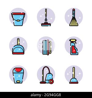 Vector set of flat icons for cleaning tools at home. Isolated objects on white background. Cleaning the room, washing the floor and windows. Linear st Stock Vector