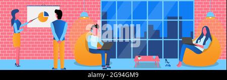 Man and girl in headphones with laptop in a chair bag. Office in loft style, panoramic window. Speaker at the board analyzes the graph. Coworking, wor Stock Vector