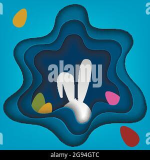 Vector volumetric illustration cut out of paper on Easter theme. Easter bunny and eggs Stock Vector