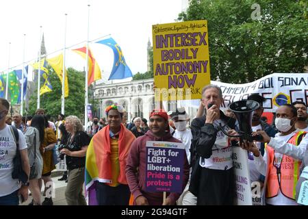 London, UK. 24th July 2021. Peter Tatchell at Reclaim Pride march in London . Credit: Jessica Girvan/Alamy Live News Stock Photo