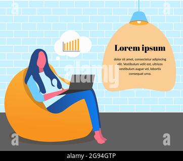 A girl is sitting in a bag chair barefoot with a laptop. Office, coworking in loft style. Lights the lamp and a brick wall. Vector illustration of mod Stock Vector