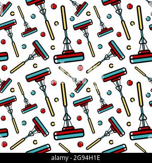 Vector seamless pattern of accessories for cleaning the house. Flat linear art on a white background. Ornament for wallpaper, websites, backgrounds, w Stock Vector