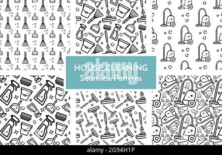 Vector set of seamless pattern of accessories for cleaning the house. Flat linear art on a white background. Ornament for wallpaper, websites, backgro Stock Vector