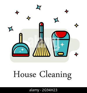 Vector background of accessories for cleaning in a flat style. Washing the floor, cleaning the windows. Linear style. Stock Vector