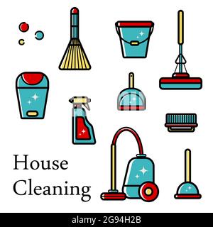 Vector set of flat icons for cleaning tools at home. Isolated objects on white background. Cleaning the room, washing the floor and windows. Linear st Stock Vector