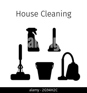 Vector set of flat icons for cleaning tools at home. Isolated objects on white background. Cleaning the room, washing the floor and windows. Linear st Stock Vector