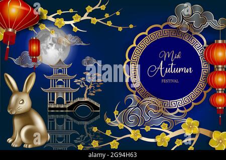 Chinese mid autumn festival background with red lanterns, gold rabbit, flowers and decorations Stock Vector