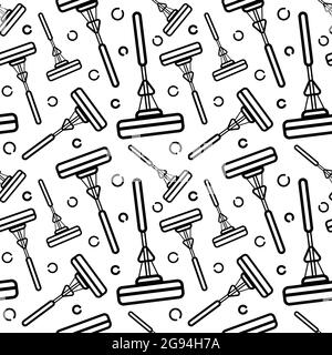 Vector seamless pattern of accessories for cleaning the house. Flat linear art on a white background. Ornament for wallpaper, websites, backgrounds, w Stock Vector