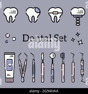 Vector set of flat dental tools and teeth with caries, braces and an implant. Isolated objects on color background in a line art style. Stock Vector