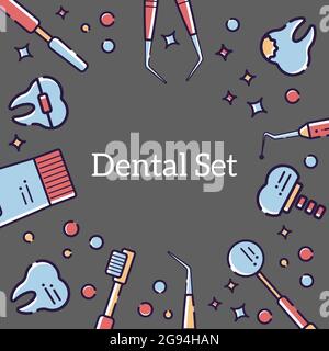 Vector flat background for card from medical instruments of dentist and teeth. Linear design for a card in the style of a cartoon with space for text Stock Vector