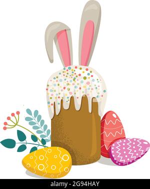 Vector illustration on the theme of Easter with cake, eggs and rabbit ears cartoon style. Used for banner, cards, greetings, posters Stock Vector