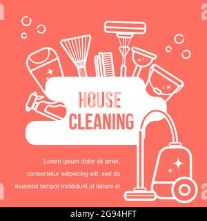 Vector background of accessories for cleaning in a flat style. Washing the floor, cleaning the windows. Linear style, Living coral trend color of 2019 Stock Vector