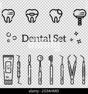 Vector set of flat dental tools and teeth with caries, braces and an implant. Isolated objects on transparent background in a line art style. Stock Vector