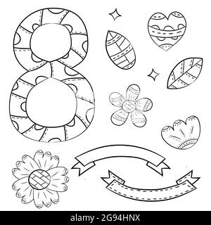 Set of vector elements of flowers and numbers eight on a white background. Isolated hand drawn objects in Scandinavian style. Stock Vector