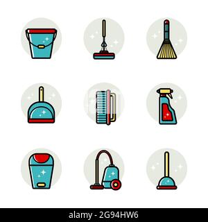 Vector set of flat icons for cleaning tools at home. Isolated objects on white background. Cleaning the room, washing the floor and windows. Linear st Stock Vector