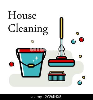 Vector background of accessories for cleaning in a flat style. Washing the floor, cleaning the windows. Linear style. Stock Vector
