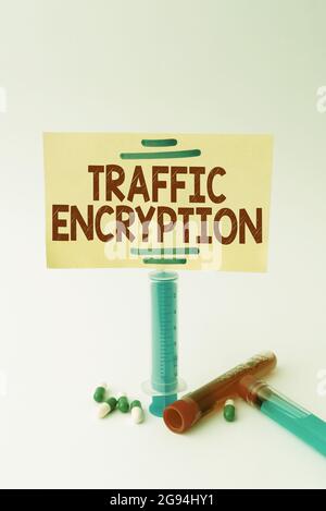 Sign displaying Traffic Encryption. Business approach method of securing the transmission of information Writing Important Medical Notes Laboratory Stock Photo