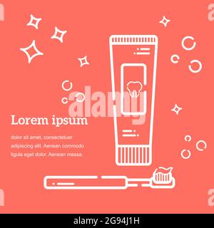 Vector flat illustration on coral background in linear style. Hygiene items toothpaste and toothbrush. Coral trend color of 2019 year Stock Vector