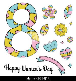Set of vector elements of flowers and numbers eight on a white background. Isolated hand drawn objects in Scandinavian style. Stock Vector