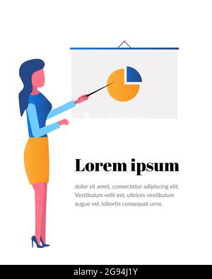 A woman is analyzing the chart near the blackboard. Work process, teamwork, coworking. Vector flat illustration of modern in Cartoon style. Isolated o Stock Vector