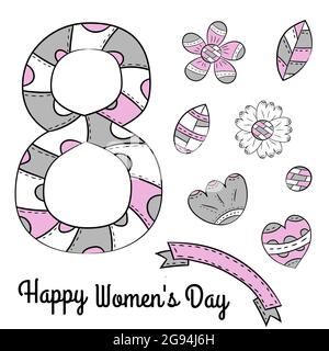 Set of vector elements of flowers and numbers eight on a white background. Isolated hand drawn objects in Scandinavian style. Stock Vector