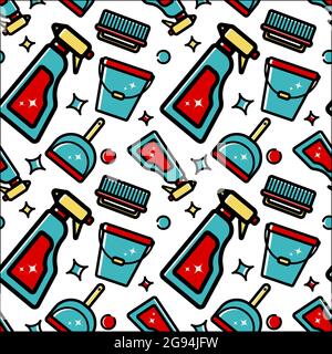 Vector seamless pattern of accessories for cleaning the house. Flat linear art on a white background. Ornament for wallpaper, websites, backgrounds, w Stock Vector