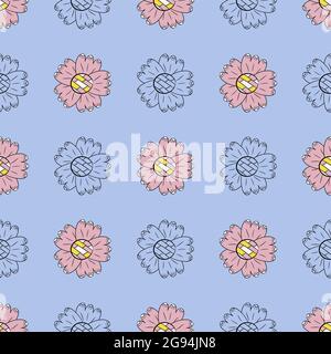 Vector seamless pattern of color and monochrome sunflowers in Scandinavian style hand drawn. Cartoon style Use for backgrounds, textiles, wrapping pap Stock Vector