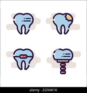 Vector flat illustration on white background in cartoon style. Icons of teeth with braces, caries and implant. Isolated objects Stock Vector