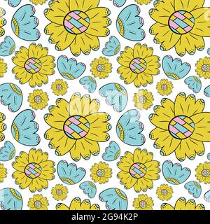 Vector seamless pattern of color flowers may lily and sunflowers in Scandinavian style hand drawn on a white background. Use for backgrounds, textiles Stock Vector