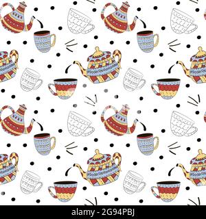 Vector seamless pattern of teapots in Scandinavian style. Used for wallpapers, backgrounds, wrapping paper. Stock Vector