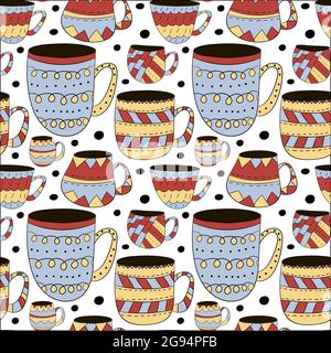 Vector seamless pattern of cups of coffee, tea, milk in Scandinavian style. Used for wallpapers, backgrounds, wrapping paper Stock Vector