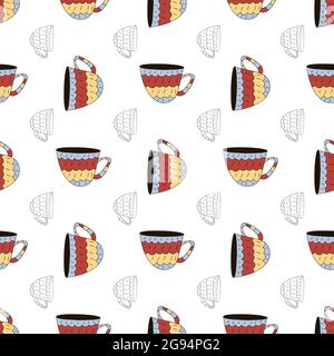 Vector seamless pattern of cups of coffee, tea, milk in Scandinavian style. Used for wallpapers, backgrounds, wrapping paper. Stock Vector